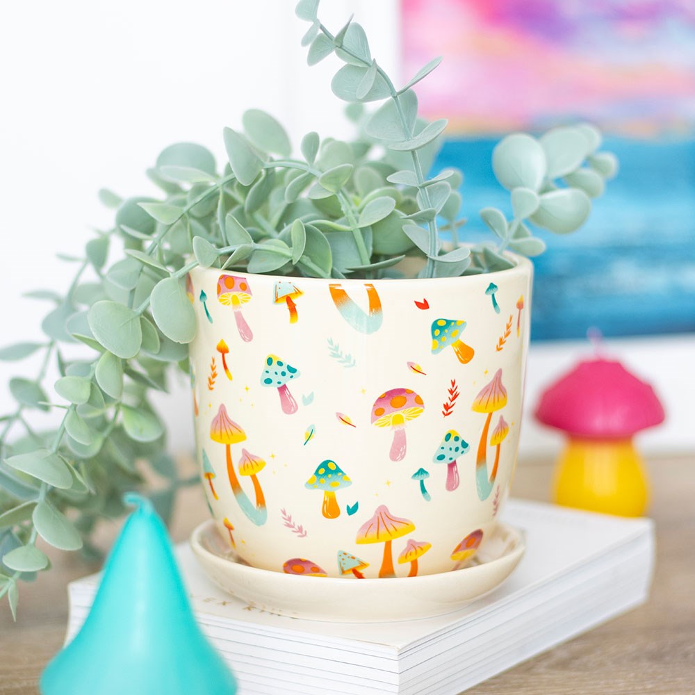 Funky Fungi Mushroom Print Plant Pot with Saucer 10cm